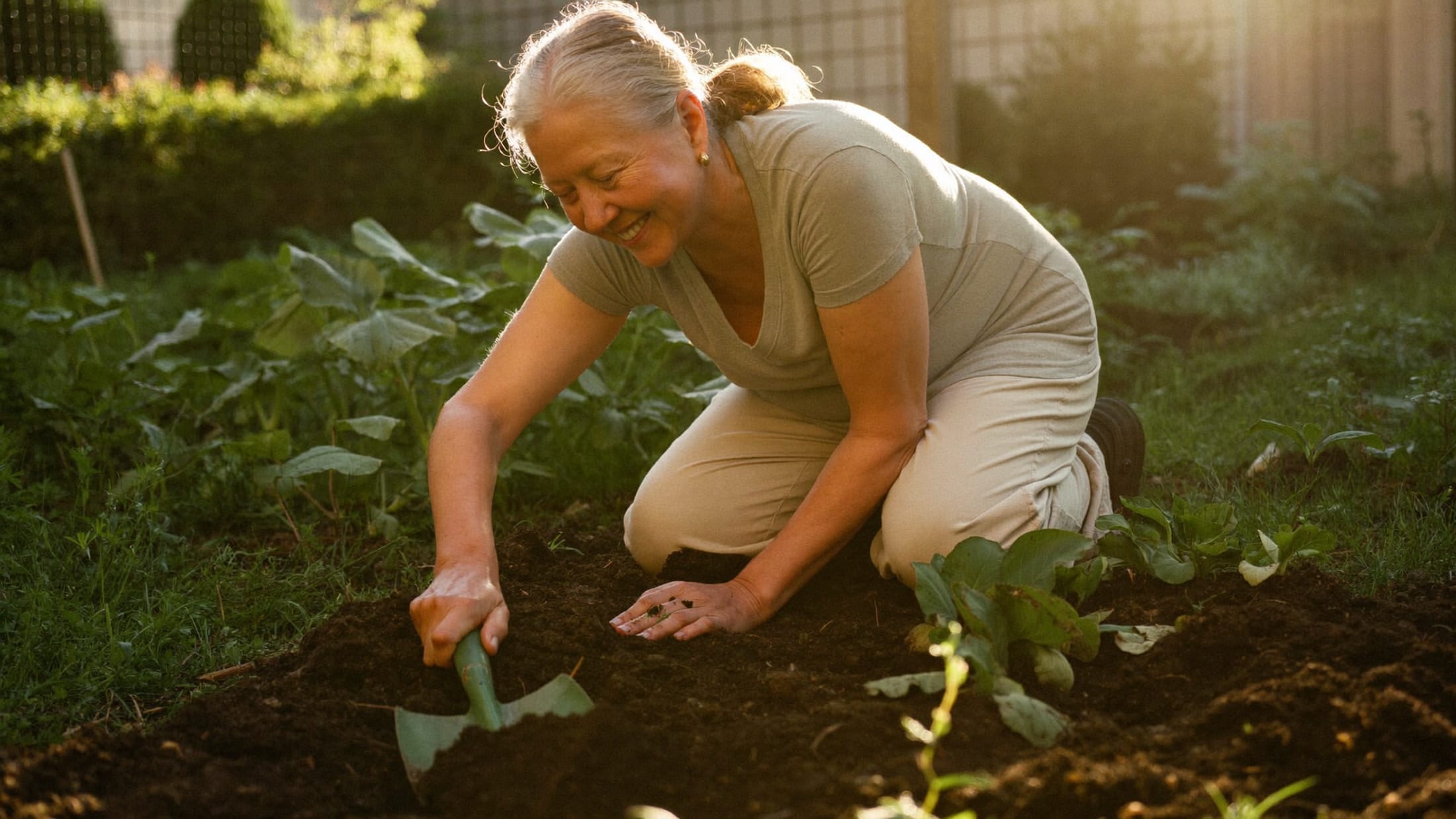 An older woman kneeling in a sunlit vegetable garden, smiling as she plants seedlings with a trowel
