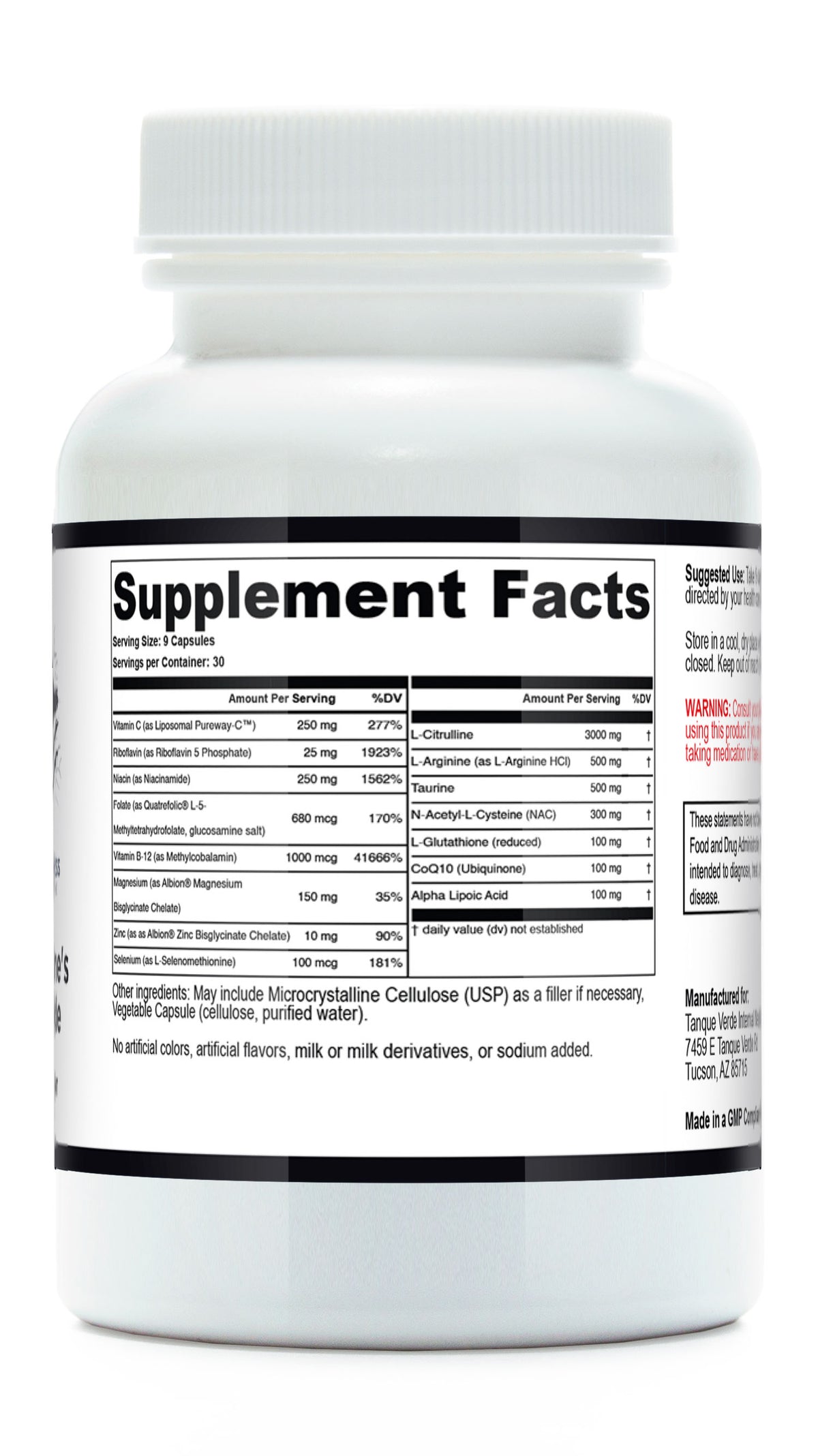 Dr. Augustine's Nitric Oxide — Supplement Facts panel: 15 ingredients per 9-capsule serving
