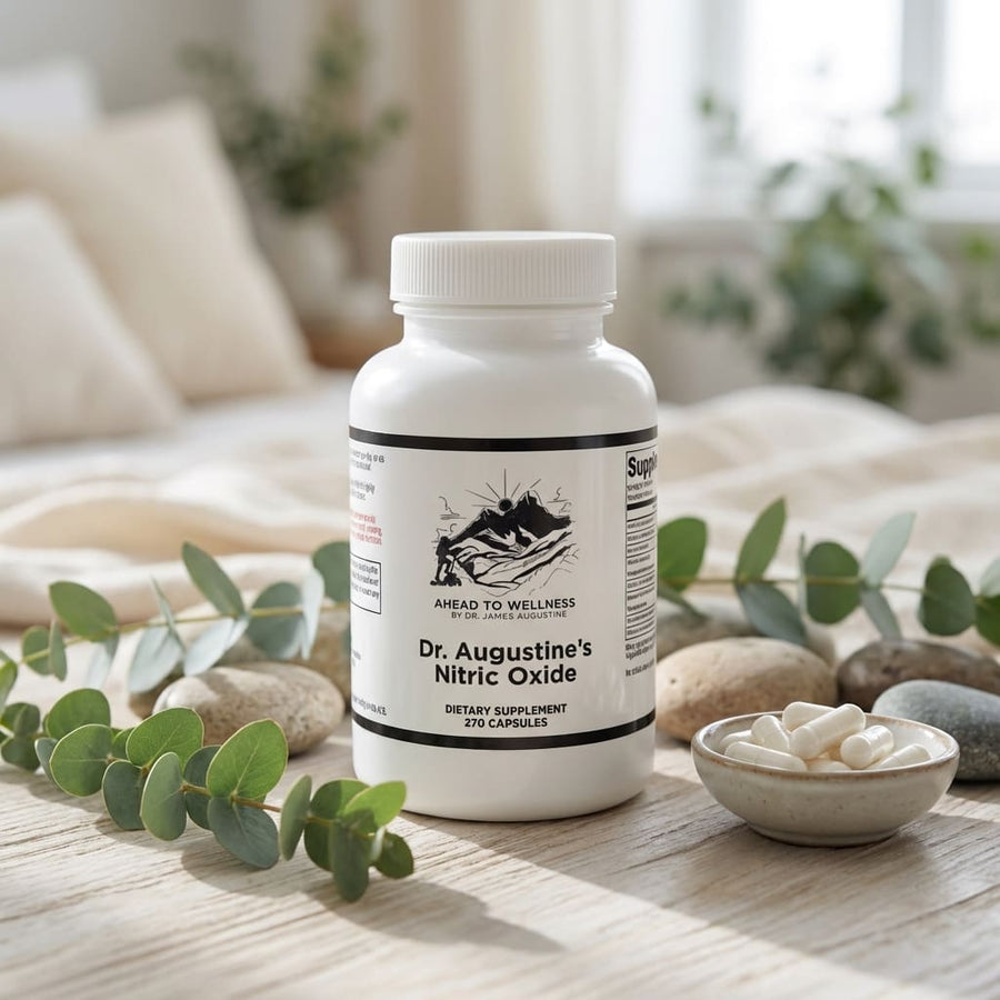 Dr. Augustine's Nitric Oxide on a bright linen table with eucalyptus and a bowl of capsules